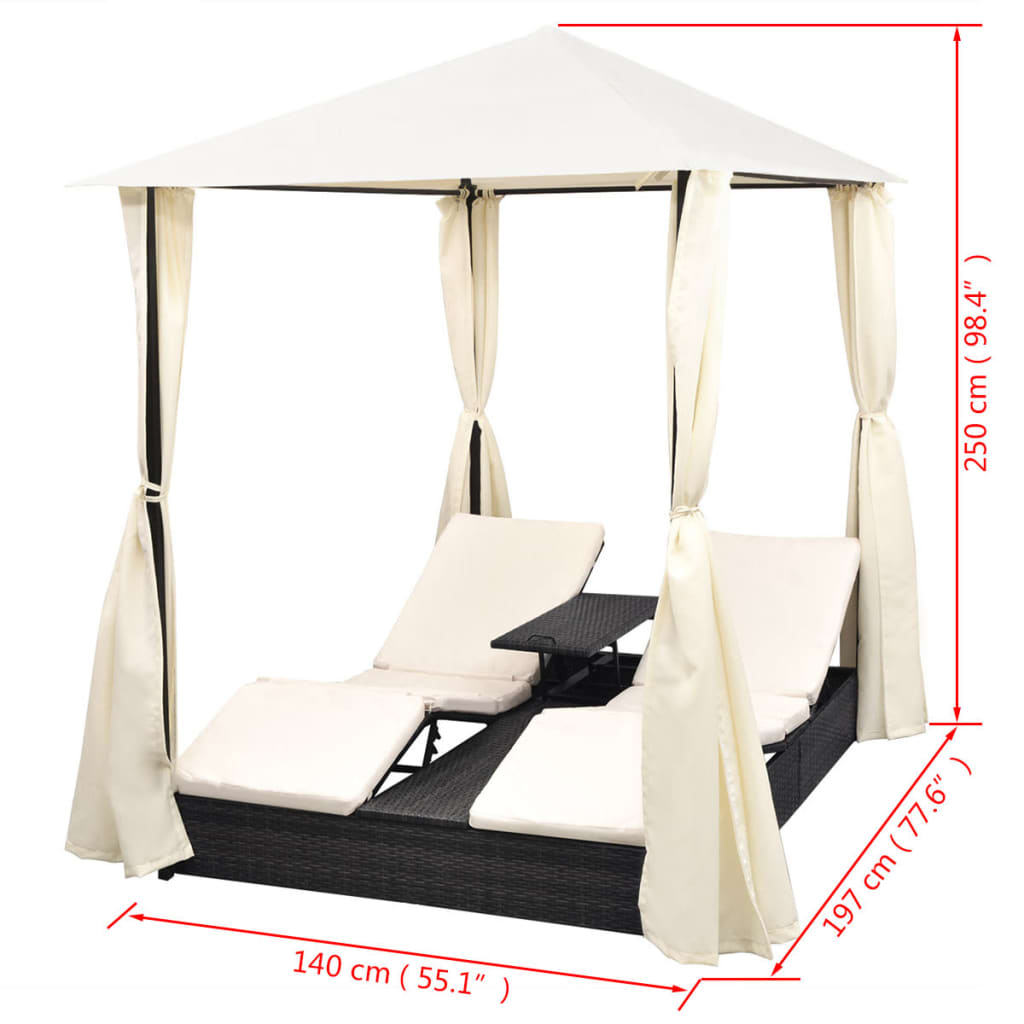 Double Sun Lounger with Curtains Poly Rattan Black