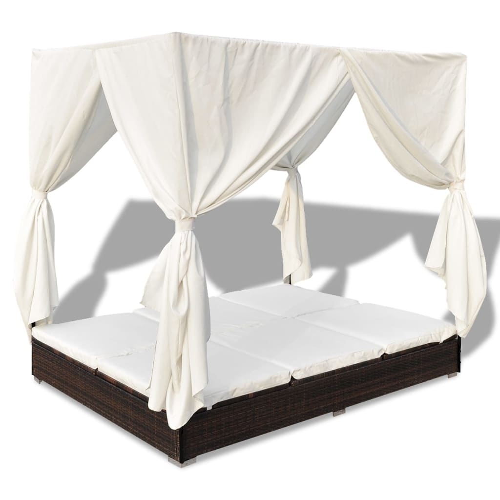 Outdoor Lounge Bed with Curtains Poly Rattan Brown