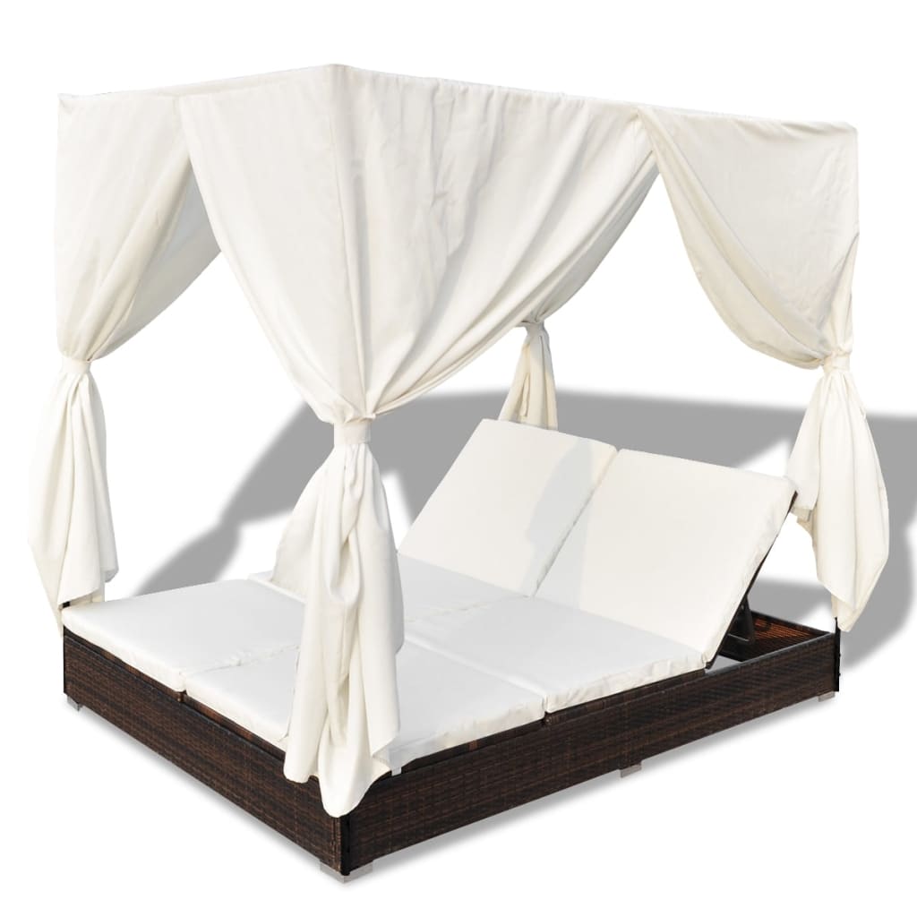 Outdoor Lounge Bed with Curtains Poly Rattan Brown