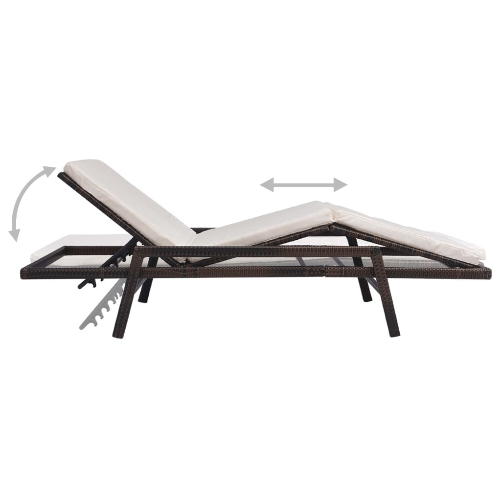 Sun Lounger with Cushion Poly Rattan Brown