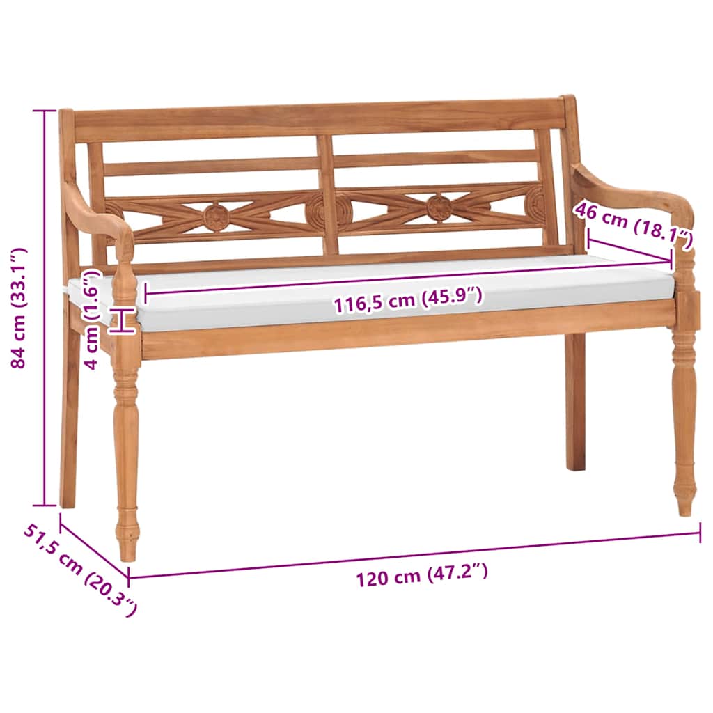 Batavia Bench with Cushions 120 cm Teak