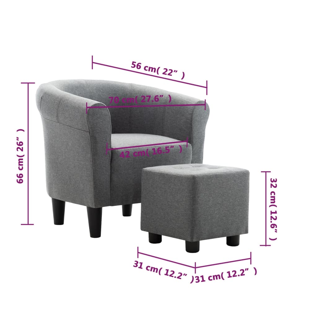2 Piece Armchair and Stool Set Light Grey Fabric