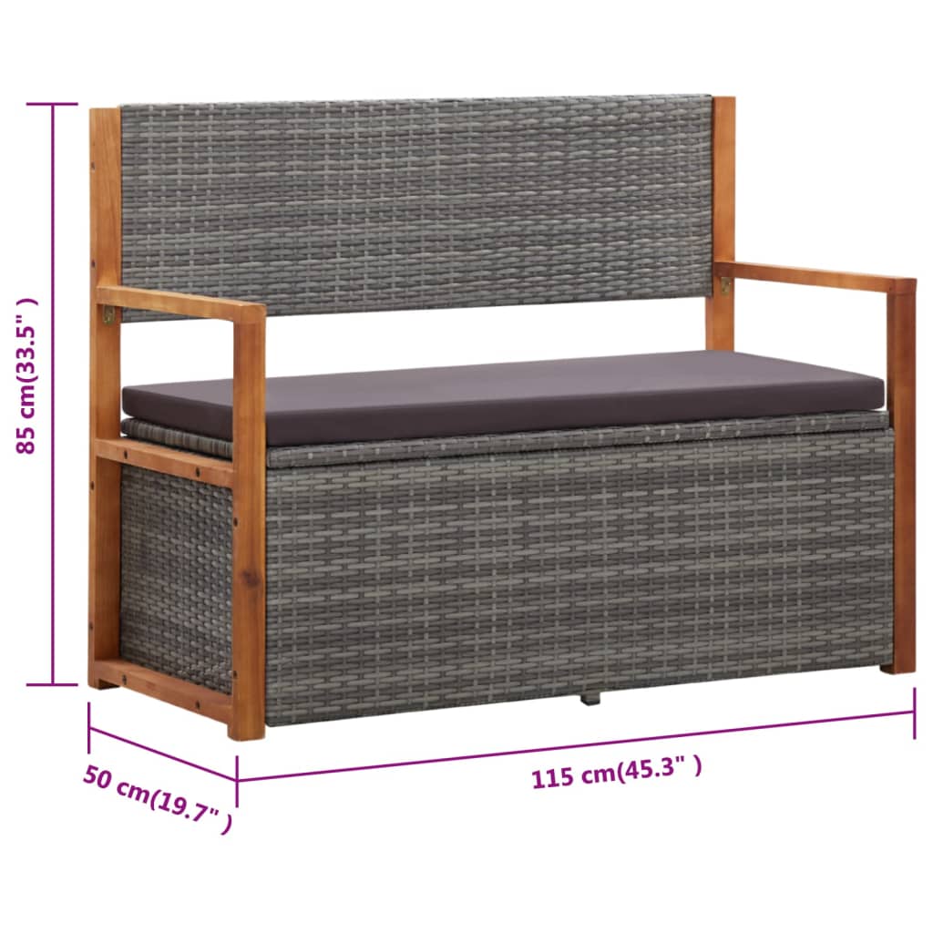 Storage Bench 115 cm Poly Rattan and Solid Acacia Wood Grey
