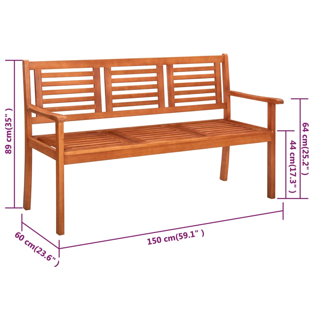 3-Seater Garden Bench with Cushion 150 cm Solid Eucalyptus Wood