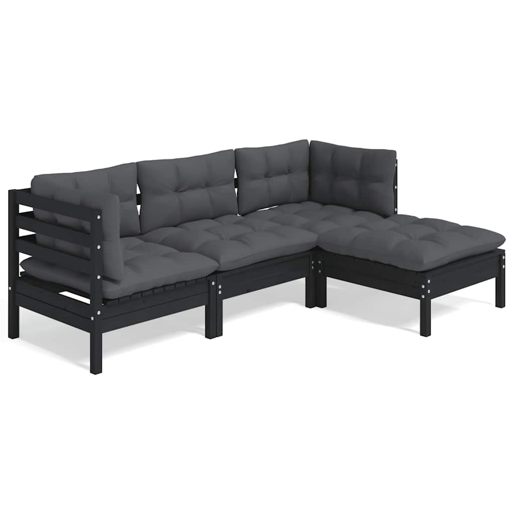 4 Piece Garden Lounge Set with Cushions Black Pinewood