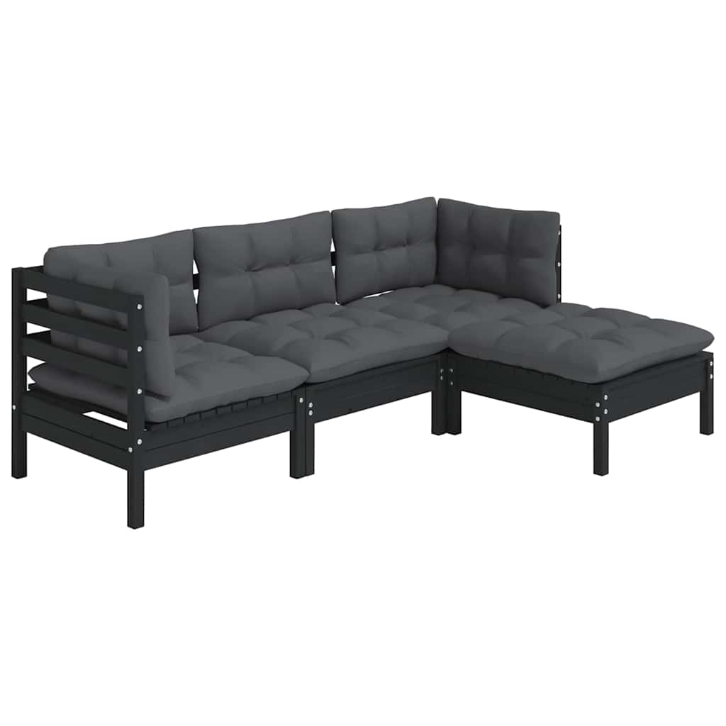 4 Piece Garden Lounge Set with Cushions Black Pinewood