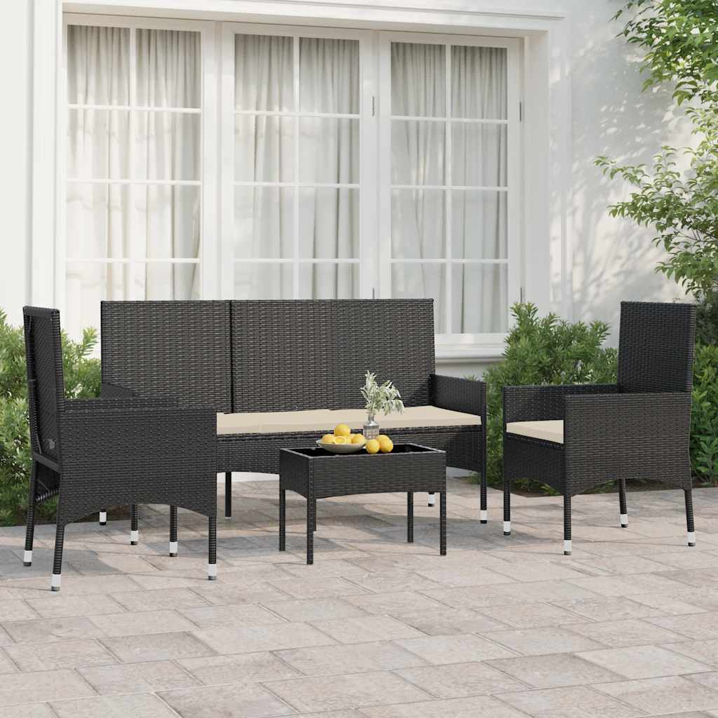 4 Piece Garden Lounge Set with Cushions Black Poly Rattan