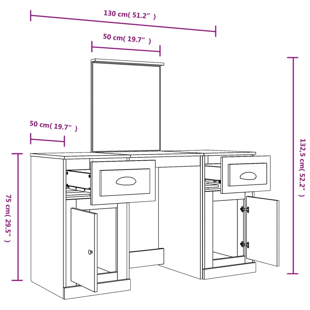 Dressing Table with Mirror High Gloss White 130x50x132.5 cm