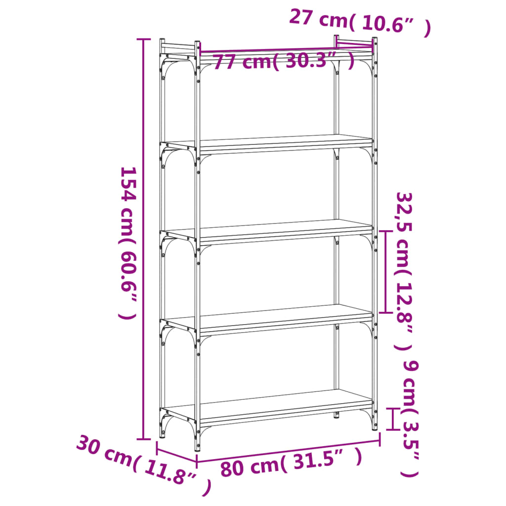 Bookcase 5-Tier Black 80x30x154 cm Engineered Wood