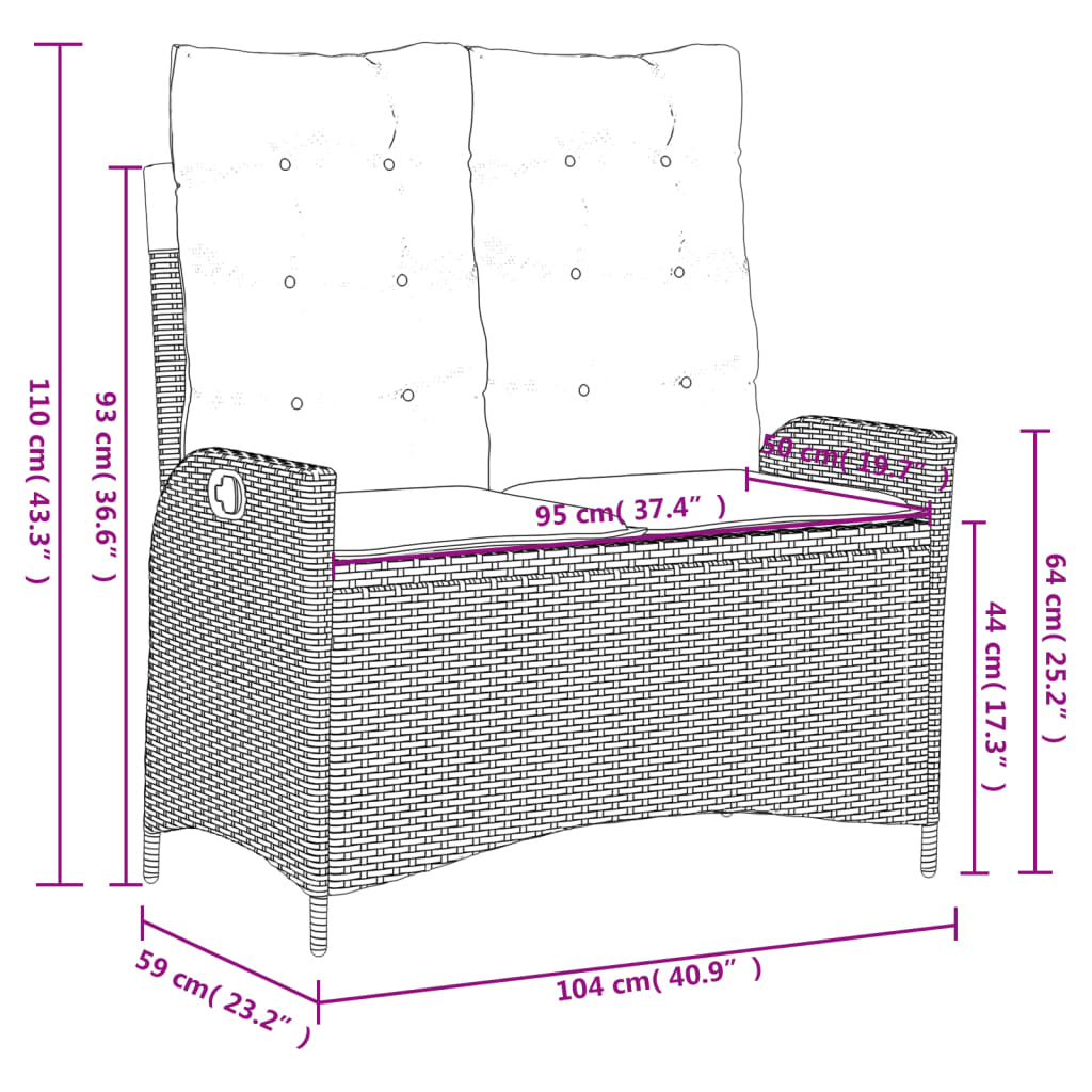 Reclining Garden Bench with Cushions Black Poly Rattan