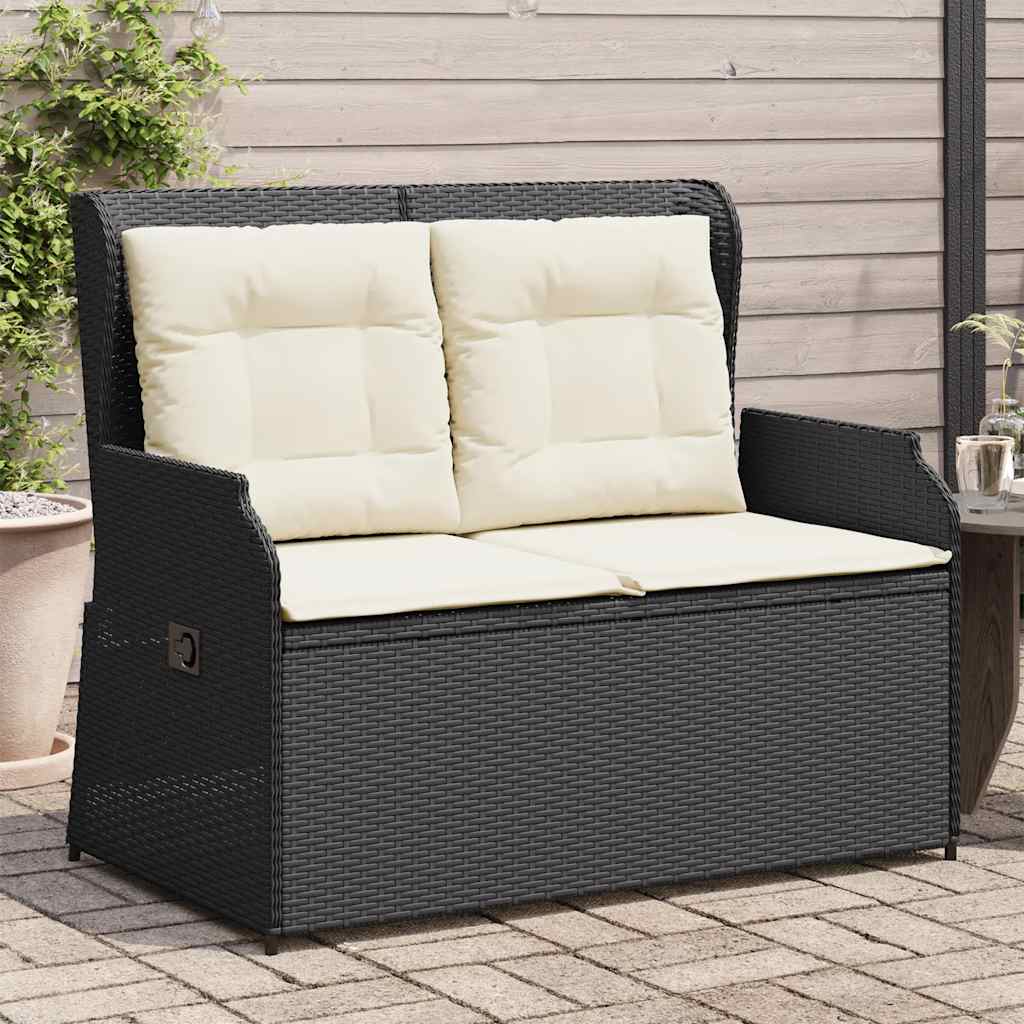 Reclining Garden Bench with Cushions Black Poly Rattan