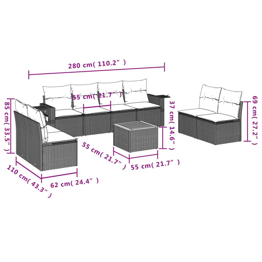 9 Piece Garden Sofa Set with Cushions Black Poly Rattan