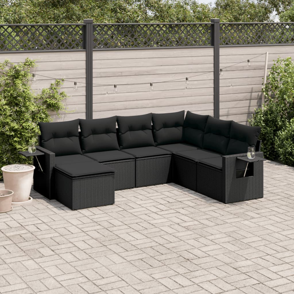 7 Piece Garden Sofa Set with Cushions Black Poly Rattan