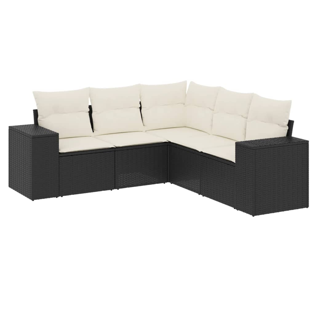 5 Piece Garden Sofa Set with Cushions Black Poly Rattan