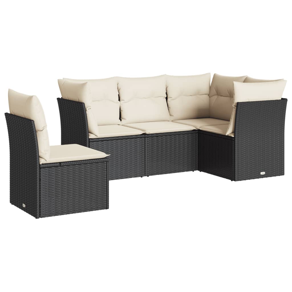 5 Piece Garden Sofa Set with Cushions Black Poly Rattan