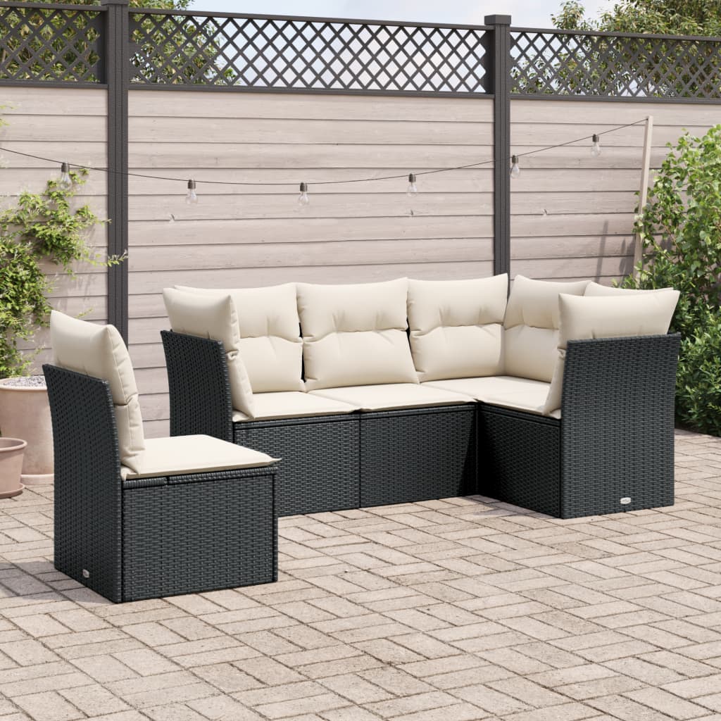 5 Piece Garden Sofa Set with Cushions Black Poly Rattan