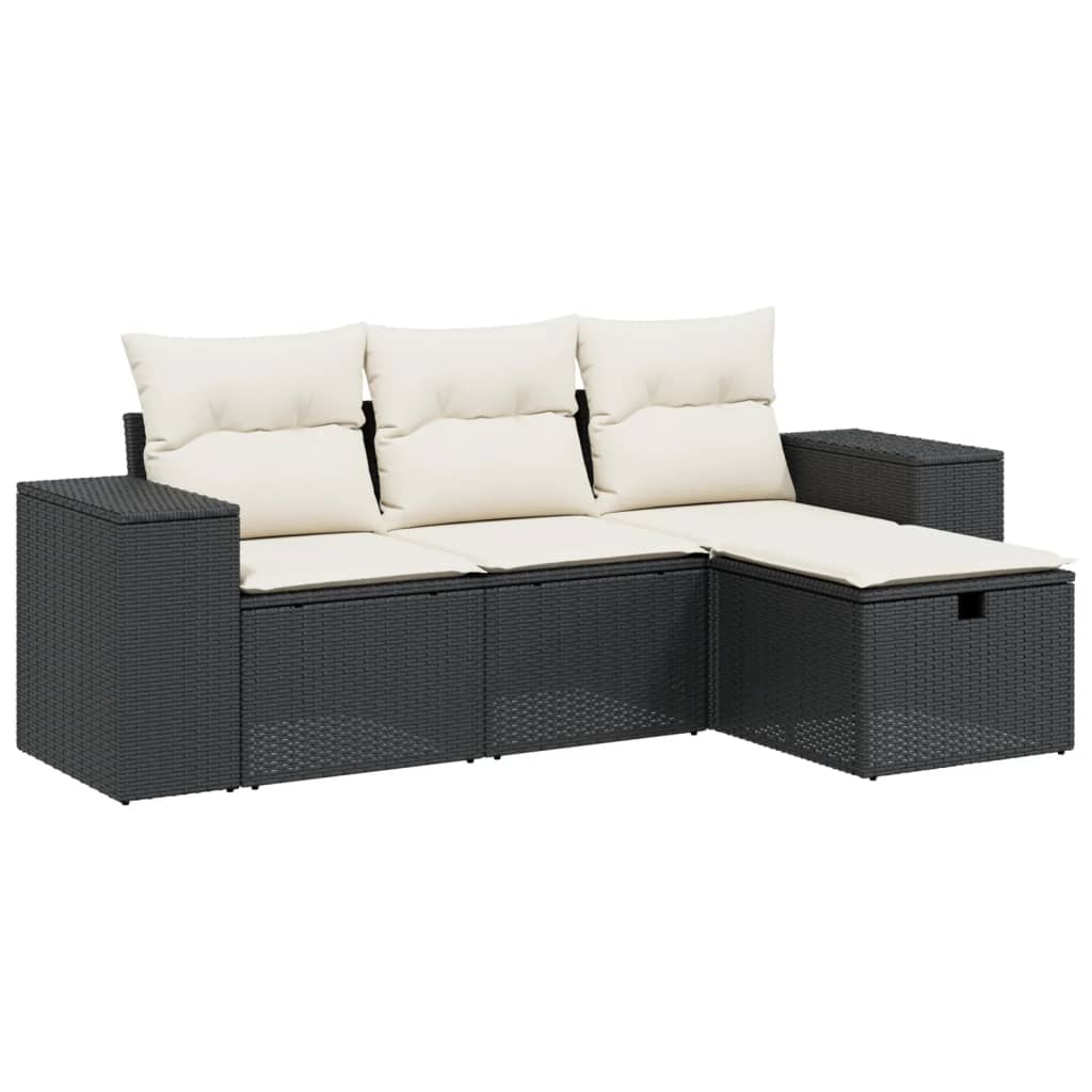4 Piece Garden Sofa Set with Cushions Black Poly Rattan
