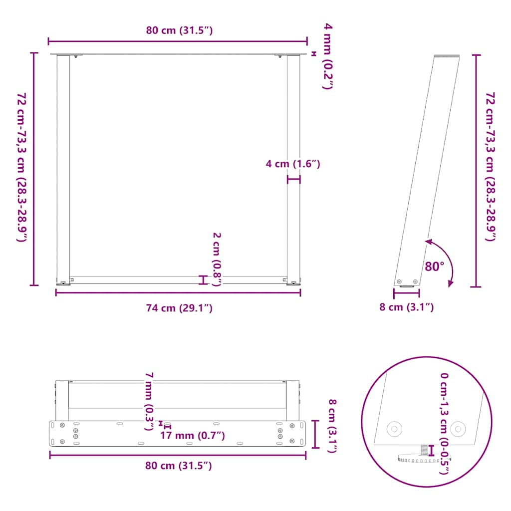 vidXL Dining Table Legs U-Shaped 2 pcs Black 80x(72-73) cm Steel