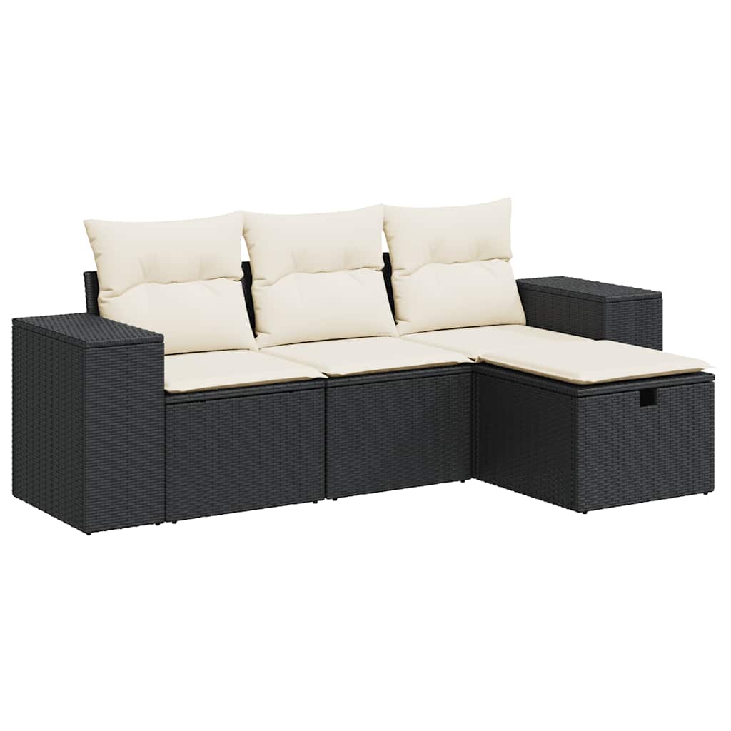 4 Piece Garden Sofa Set with Cushions Black Poly Rattan