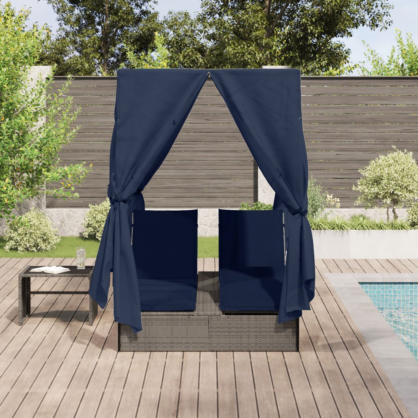 Double Sun Lounger Set of 2 Grey and Navy Blue Rattan Large