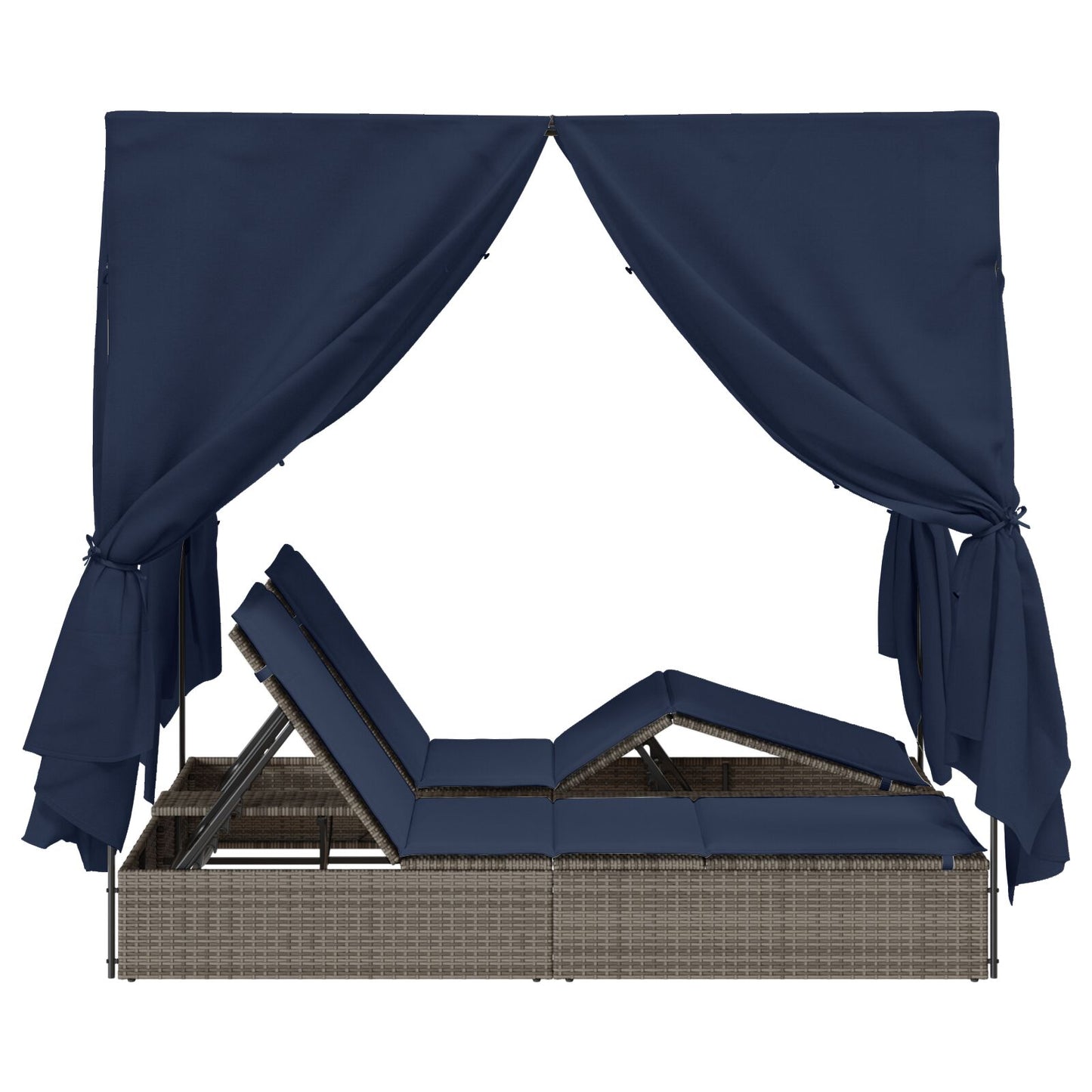 Double Sun Lounger Set of 2 Grey and Navy Blue Rattan Large
