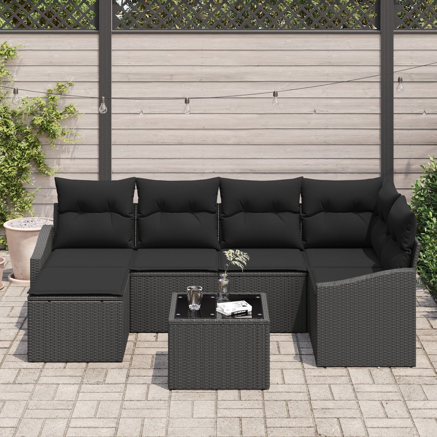 Garden Dining Set Set of 7 Black Rattan, Polyester