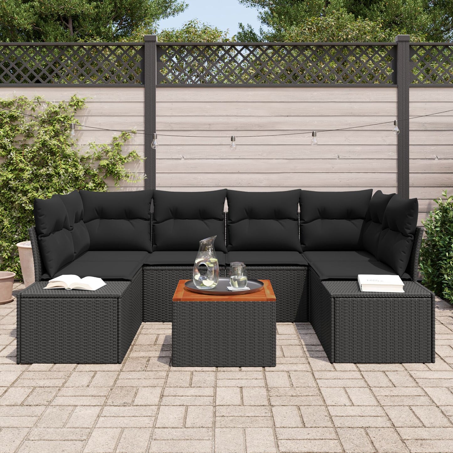 7 Piece Garden Sofa Set with Cushions Black Poly Rattan Acacia