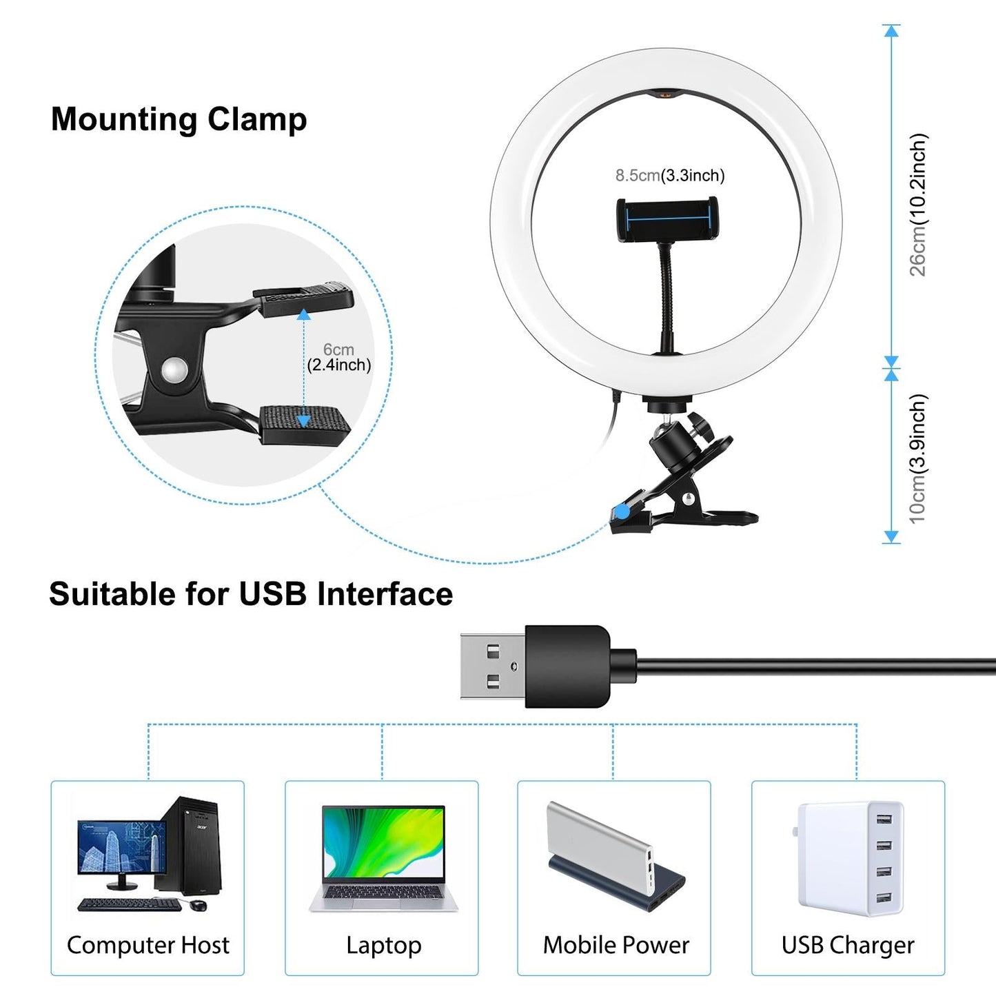 10.2 Ring Light with Monitor Clip & Usb 3 Modes Dual Colour Temperature Dimmable Curved Diffuse Vlogging Selfie Beauty Photography Video Lights Phone Clamp - Black