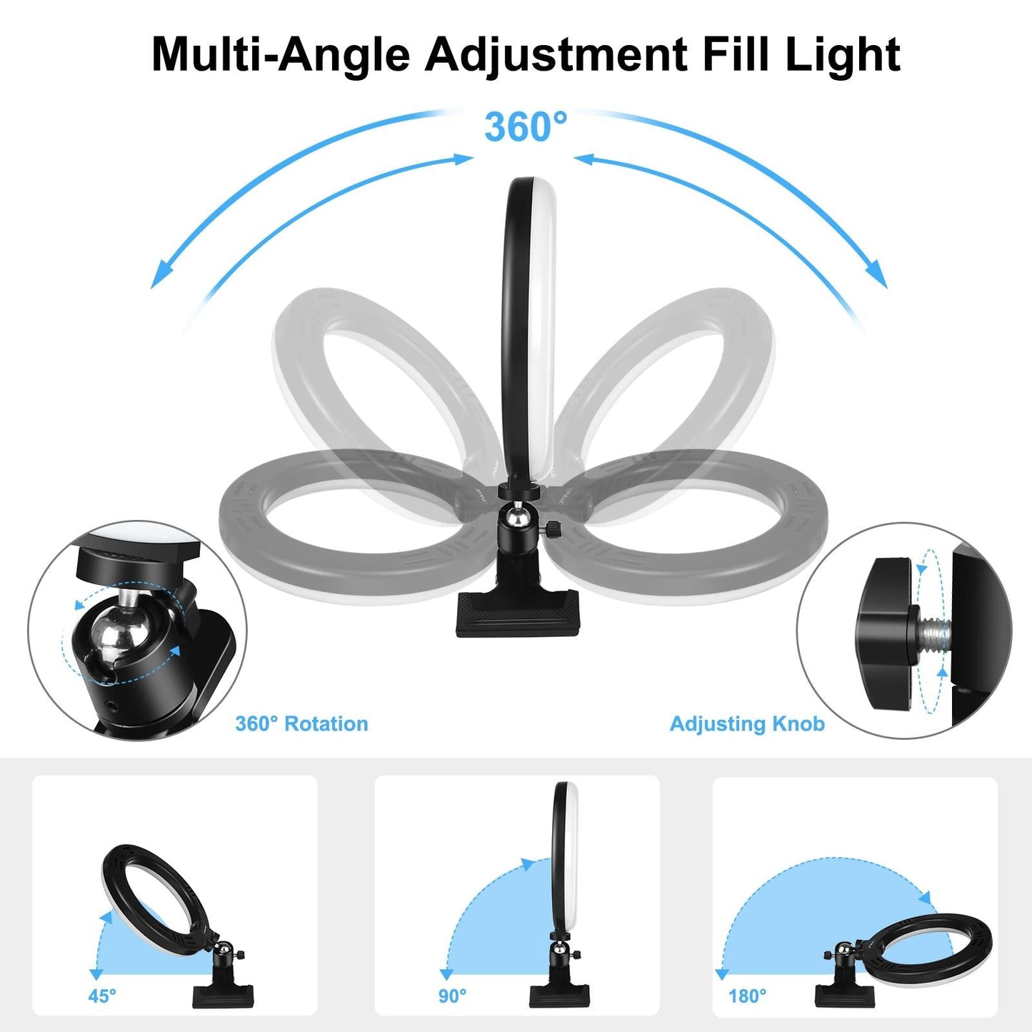 10.2 Ring Light with Monitor Clip & Usb 3 Modes Dual Colour Temperature Dimmable Curved Diffuse Vlogging Selfie Beauty Photography Video Lights Phone Clamp - Black