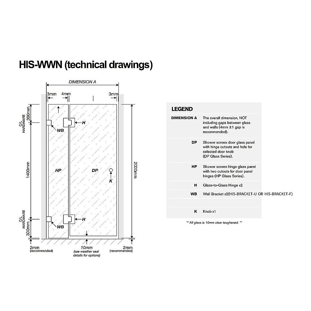 100x80cm Corner Frameless Shower Screen with Gunmetal Channel and Brass Hinges, Round Handle