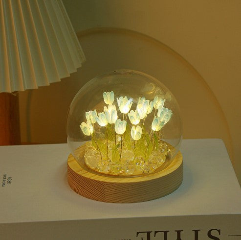 (Ten Blue Tulips) Glowing Tulip Dome Lamp - Wooden Base, Bedside Table Decoration