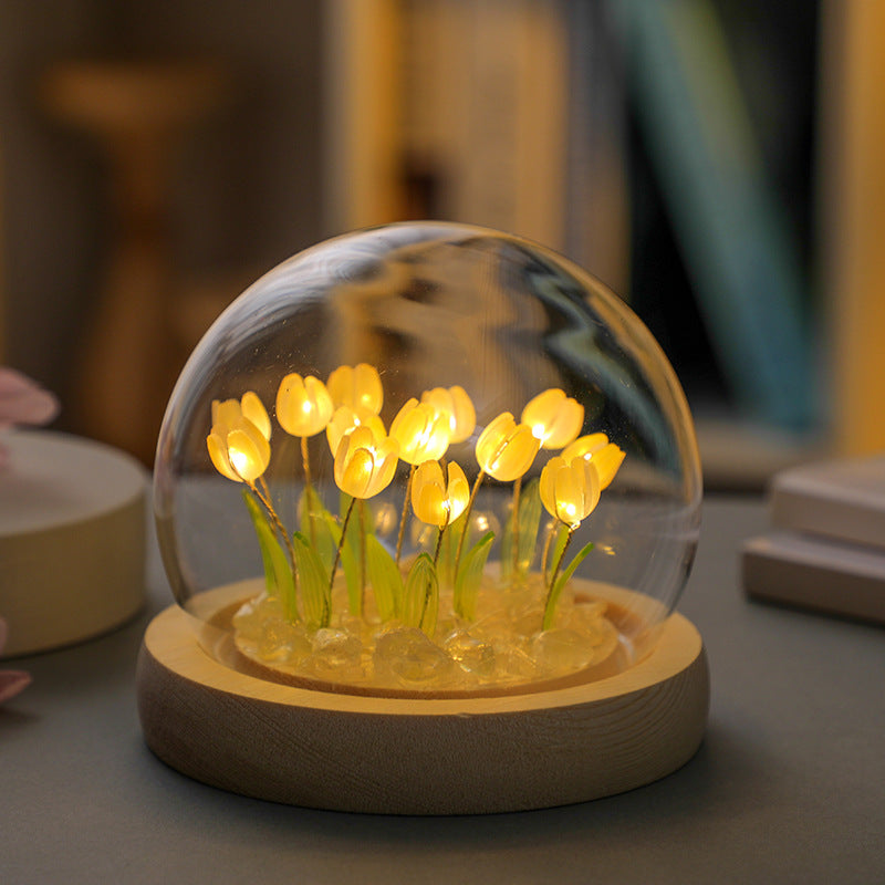 (Ten Yellow Tulips) Glowing Tulip Dome Lamp - Wooden Base, Bedside Table Decoration