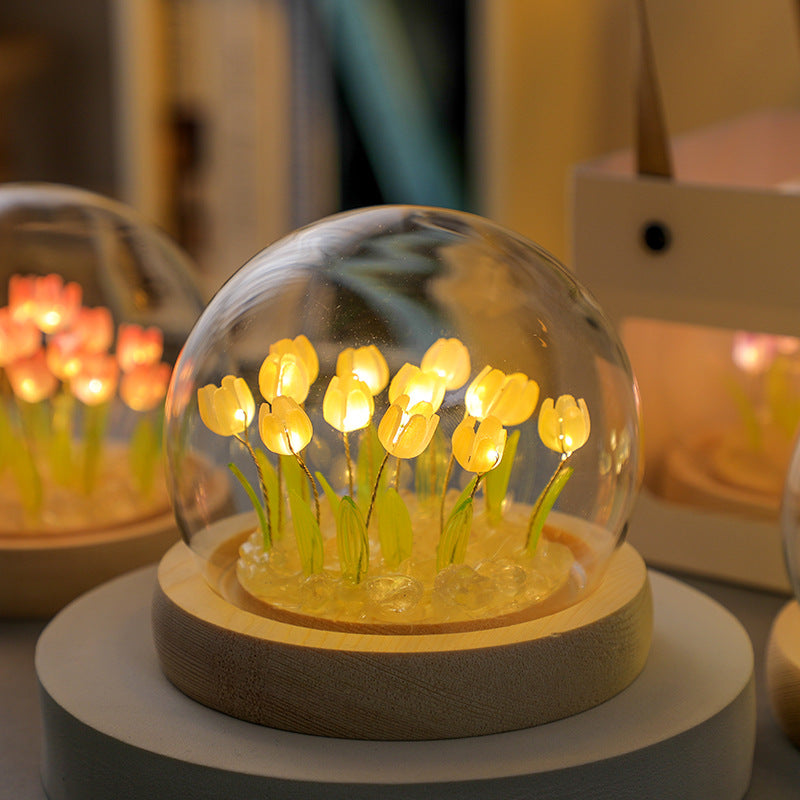 (Thirteen Yellow Tulips) Glowing Tulip Dome Lamp - Wooden Base, Bedside Table Decoration