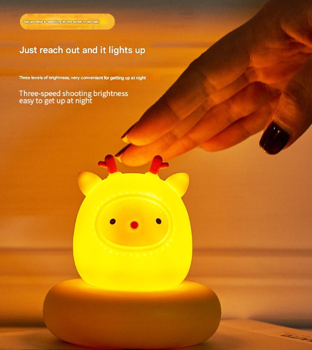 Yellow Deer Cute Animal LED Night Light - Rechargeable Silicone Nursery Lamp with Tap Control, Dimmable Bedside Light for Kids