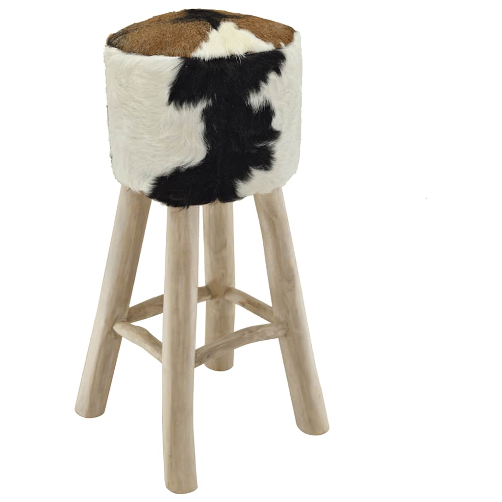 Bar Stool Goatskin Leather and Solid Teak Wood