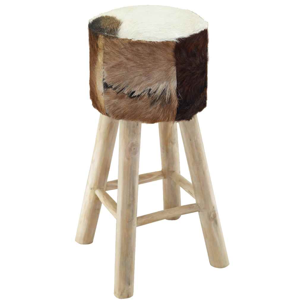 Bar Stool Goatskin Leather and Solid Teak Wood