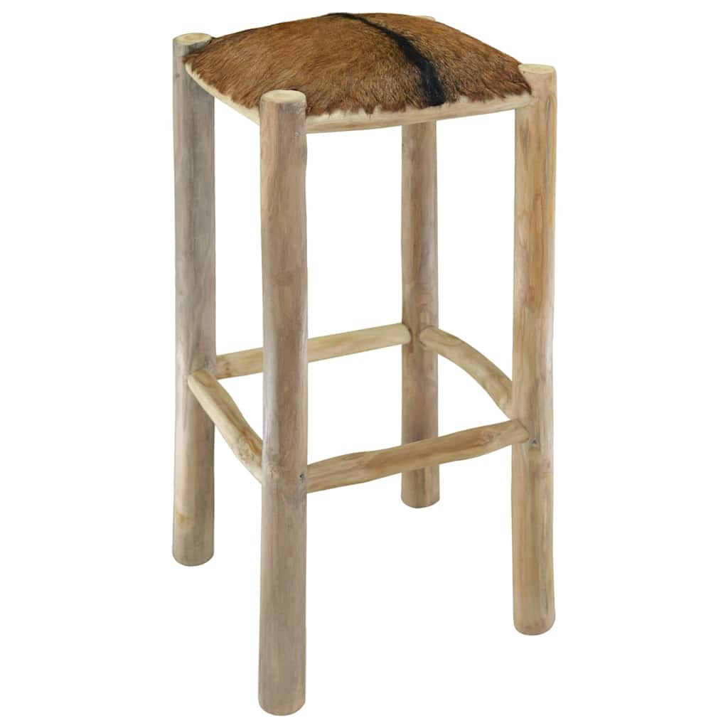 Bar Stool Goatskin Leather and Solid Teak Wood