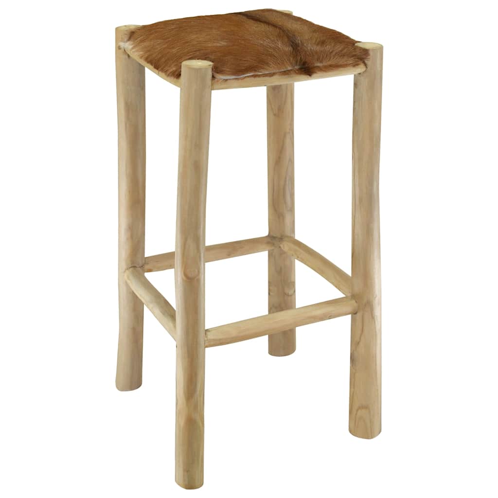 Bar Stool Goatskin Leather and Solid Teak Wood