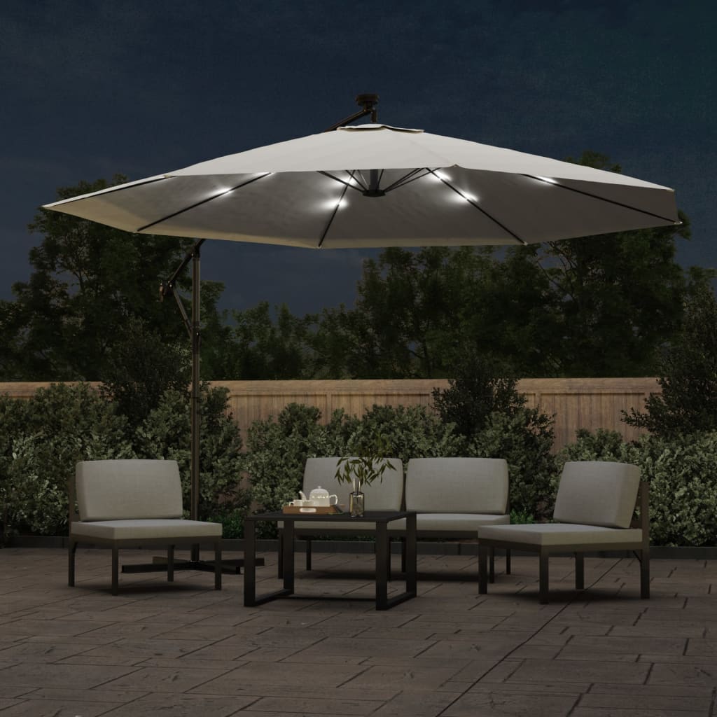 Cantilever Garden Parasol with LED Lights and Metal Pole 350 cm Sand