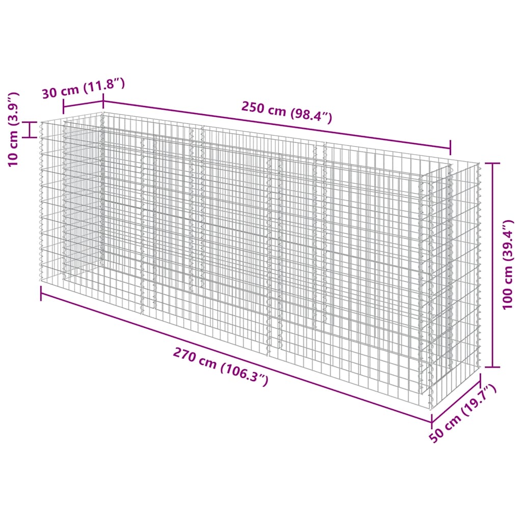 Gabion Raised Bed Galvanised Steel 270x50x100 cm