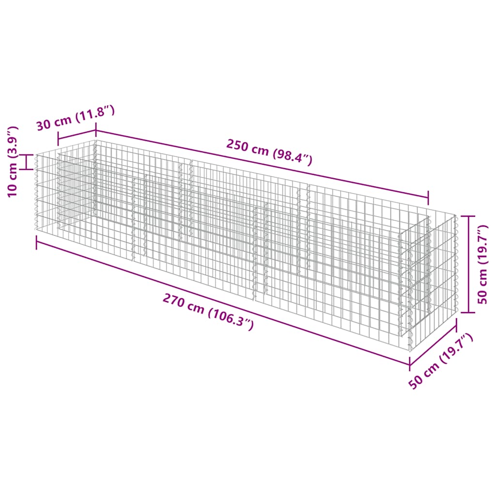 Gabion Raised Bed Galvanised Steel 270x50x50 cm