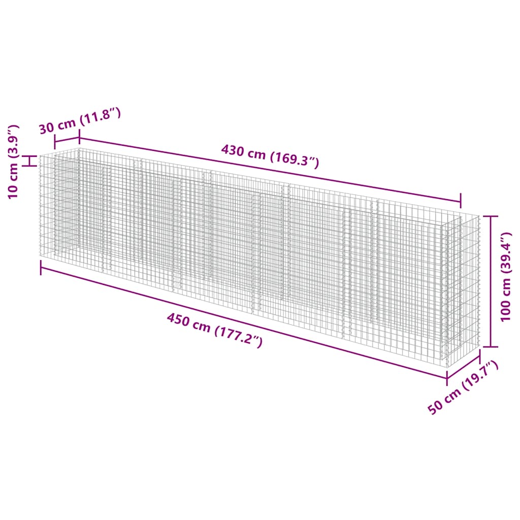 Gabion Raised Bed Galvanised Steel 450x50x100 cm