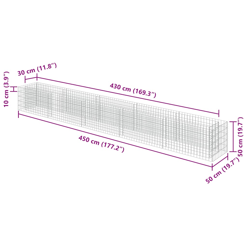 Gabion Raised Bed Galvanised Steel 450x50x50 cm