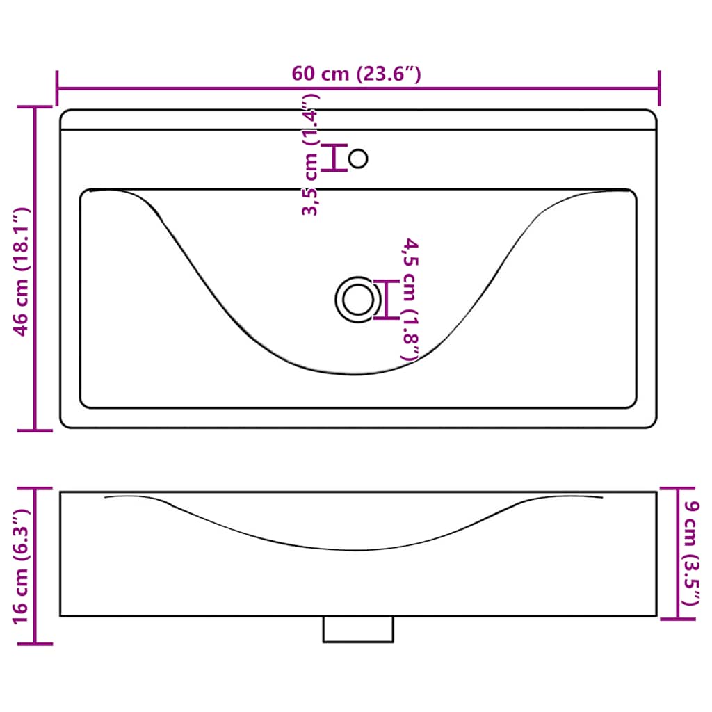 Luxury Ceramic Basin Rectangular Sink White with Faucet Hole