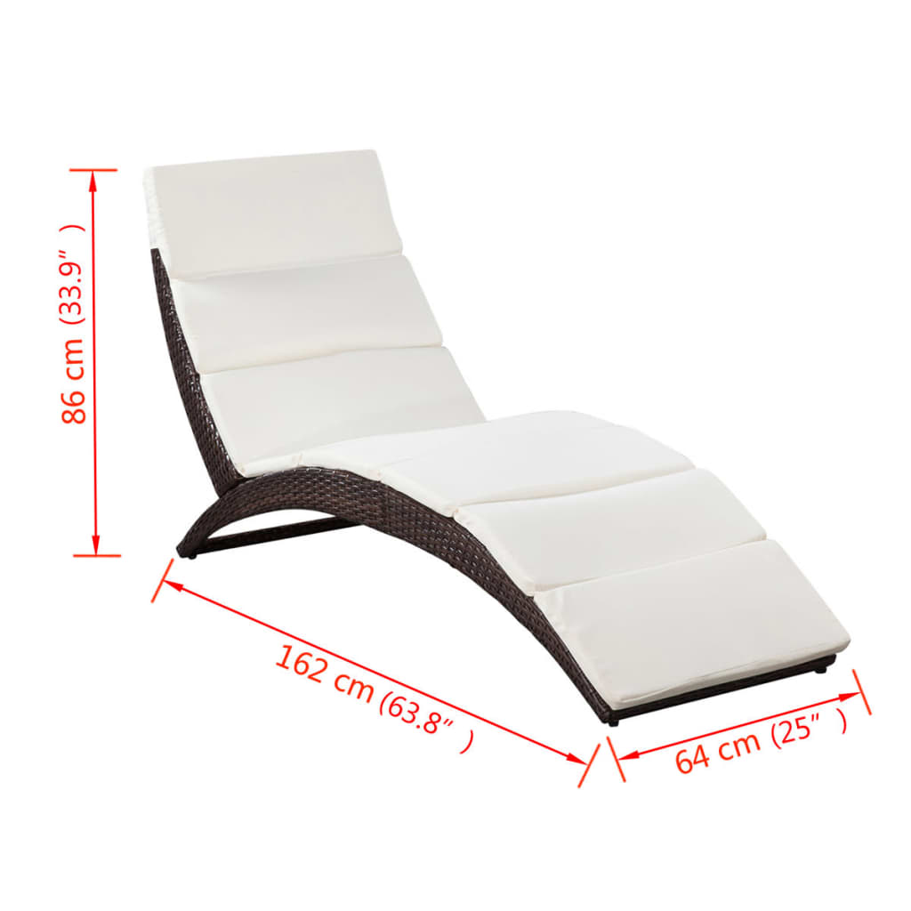 Folding Sun Lounger with Cushion Poly Rattan Brown