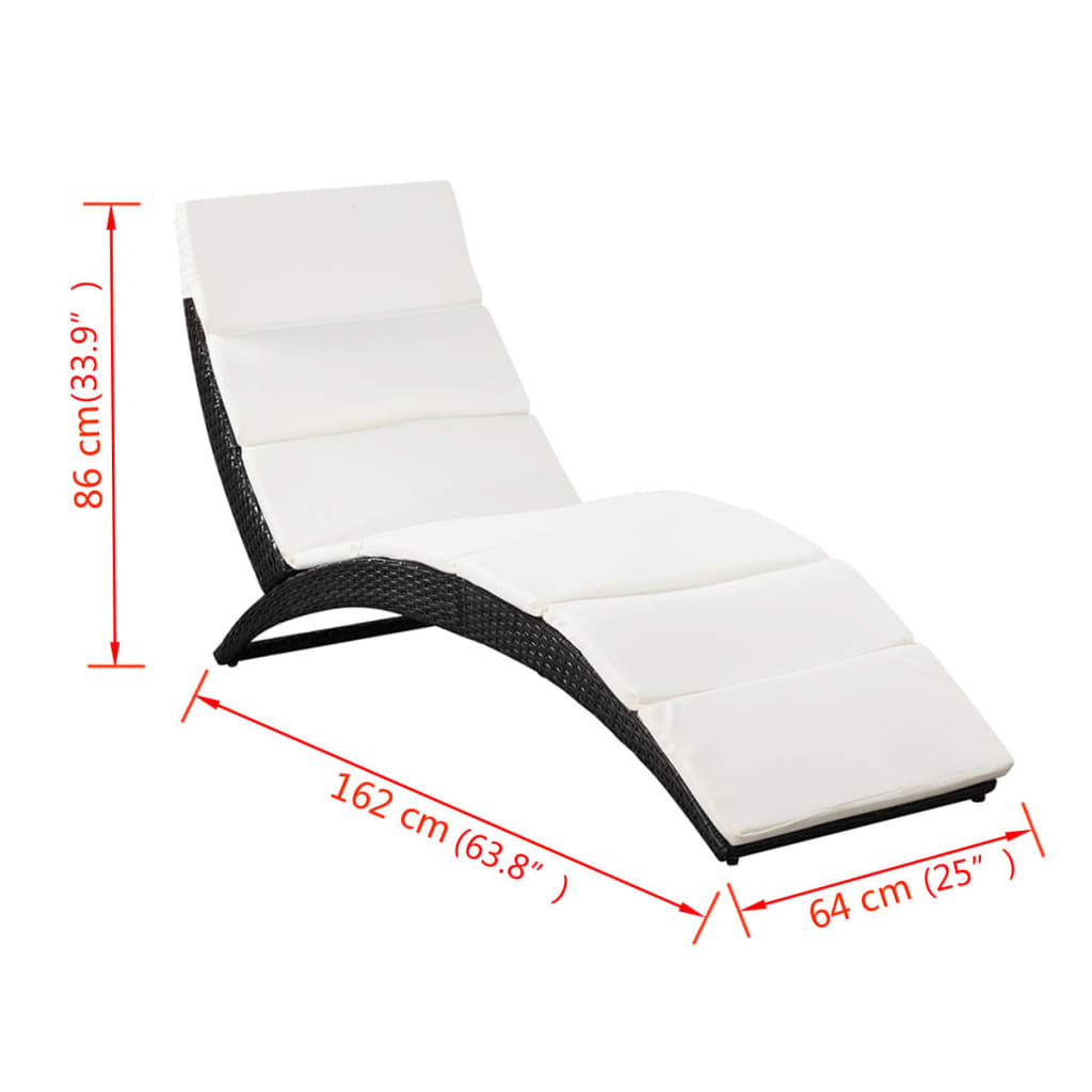 Folding Sun Lounger with Cushion Poly Rattan Black
