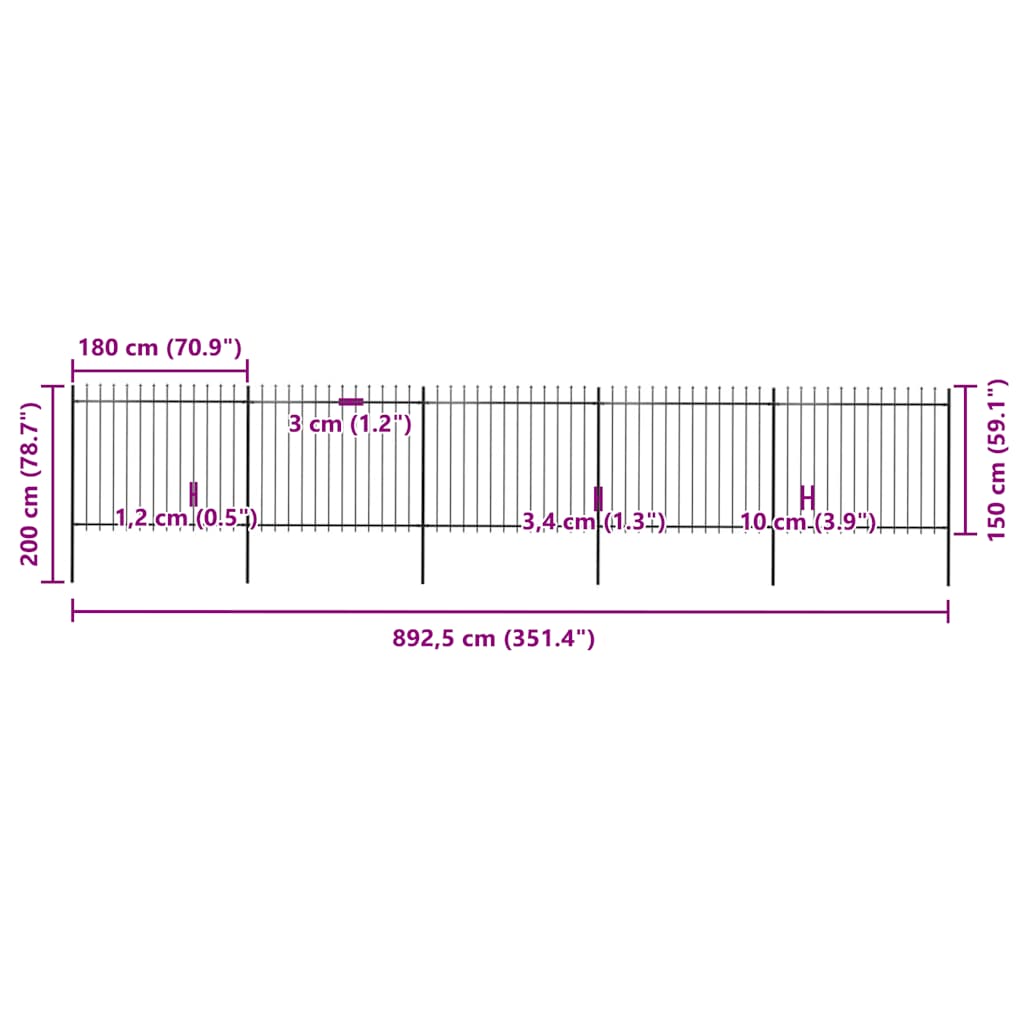 Garden Fence with Spear Top Steel 892.5x150 cm Black