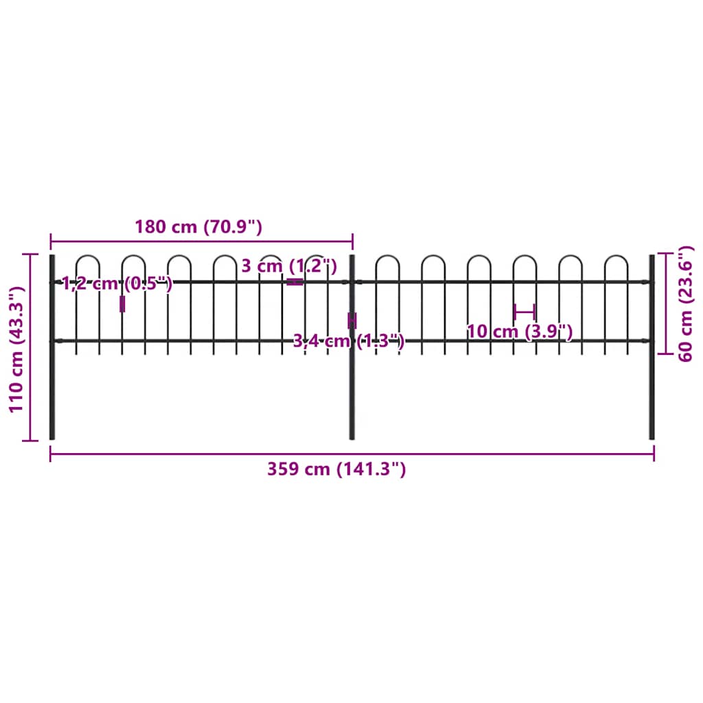 Garden Fence with Hoop Top Steel 359x60 cm Black