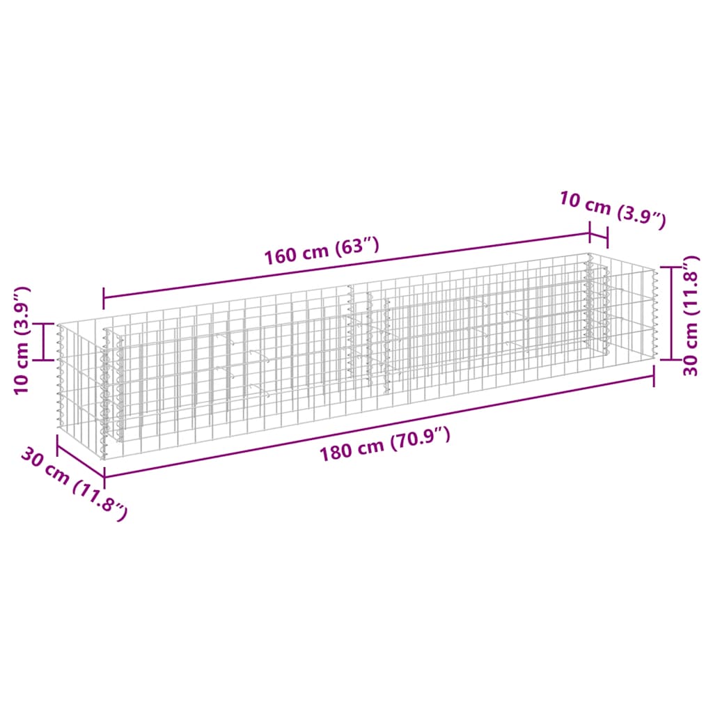 Gabion Raised Bed Galvanised Steel 180x30x30 cm