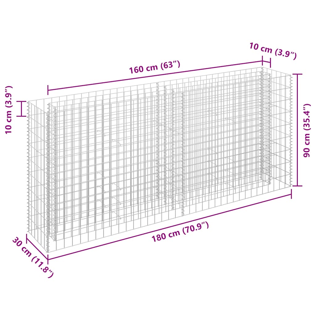 Gabion Raised Bed Galvanised Steel 180x30x90 cm